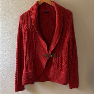 Talbots Cable Knit Sweater Large Rust Faux Leather Buckle Closure Lambswool